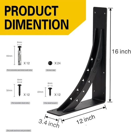 Heavy Duty Shelf Brackets,max Load 900 LBS,Premium Alloy Metal Mantel Brackets , (Set of 2) Fireplace Mantel Brackets - Countertop Support Brackets (Matte Black, 16 inch x 12 inch)