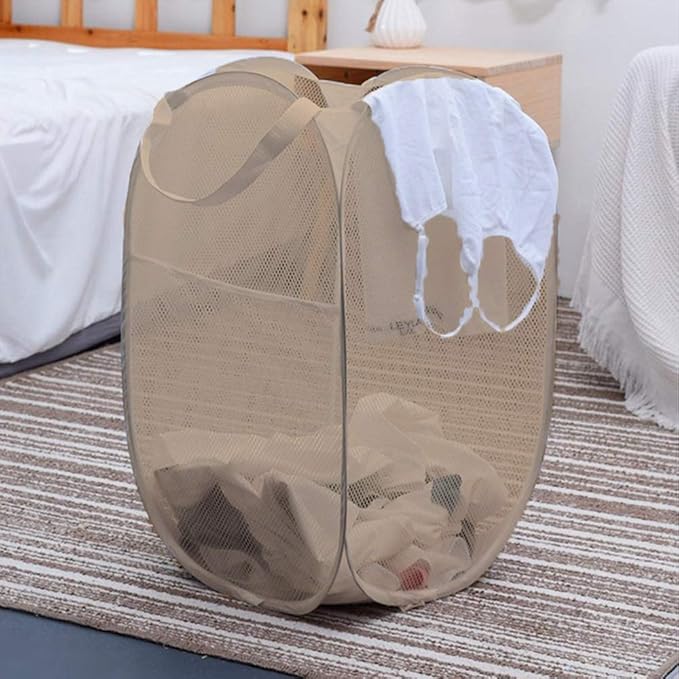 Mesh Popup Laundry Hamper, Foldable Laundry Basket Clothes Hamper for Home, Apartment, College Dorm or Travel, Collapsible for Storage, Beige