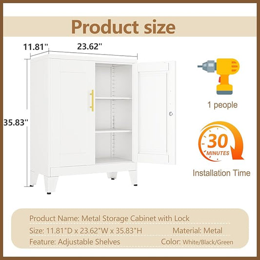 White Metal Pantry Cabinet with Lock(Two Units), Sideboard Buffet Storage Cabient with Doors and 2 Adjustable Shelves, Multifunctional Kitchen Cupboard for Home Office, Buffet Table