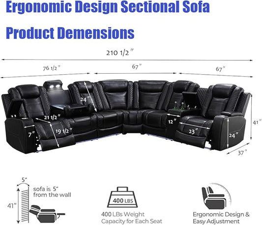 Power Recliner Sectional Sofa Couch and Loveseat, Power Sectional Sofa Set with LED, Recliner Couch Set for Living Room, Type C, USB, Adjustable Chair, Arm Storage & Cupholders for Home/Office