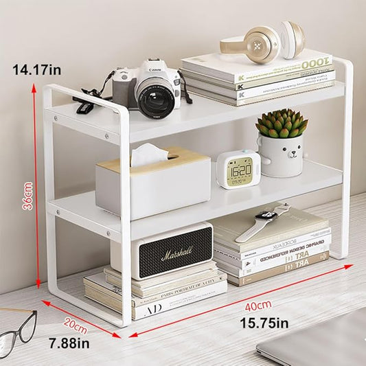Hbluefat Desktop Organizer Shelf, 2-Tier Multipurpose Tabletop Storage Bookshelf, Small Wooden Countertop Storage Rack for Home Office Kitchen (White+White)