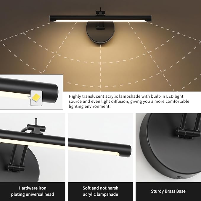 Hardwired Picture Light - Dimmable Adjustable Swing Arm Black Wall Lights for Pictures - 15.75 Inch Long LED Display Light for Artwork - 7W 3000K