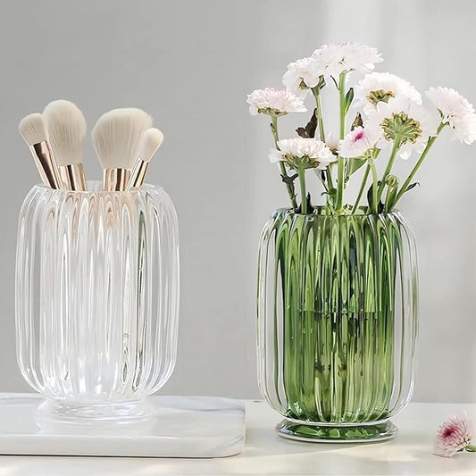 DASITON Makeup Brush holder Organizer,Crystal Cosmetic Makeup Brush Glass Brushes Storage Holder, Vintage Make Up Brush Cup Holder striped vase(Clear)