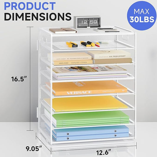 8 Tier Paper Organizer with Handle, Metal Mesh Desk File Organizer, Large Capacity Desk Organizers Paper Letter Tray Desktop Document Sorter for Office, Home or School - White