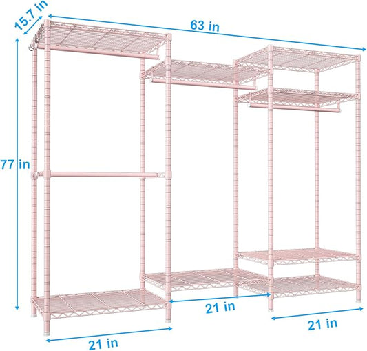 Ulif E13 Heavy Duty Clothes Rack(With 4 Hanger Rods & 8 Shelves) Freestanding Clothing Racks for Hanging Clothes,Adjustable Closet Organizer,Metal Garment Rack 63" W x16 D x77 H,Max Load 900LBS,Pink
