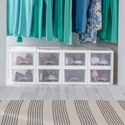 Sterilite 18-Pack 6 Quart Stacking Drawer, Clear Storage Closet Organizer, White Frame - Stackable Modular Plastic Drawers for Clothes, Accessories, Craft Supplies, Shoes or Linens