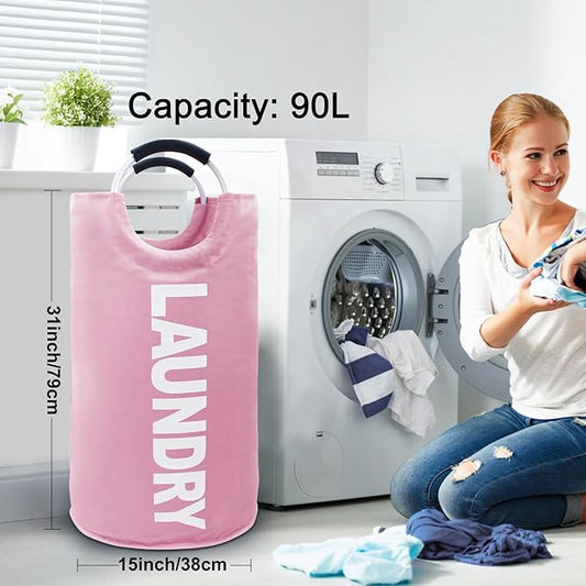 Mziart Large Laundry Basket with Padded Handles, Oxford Fabric Laundry Hamper Tall Laundry Bag Clothes Hamper Laundry Bin Storage Organizer for Bedroom Bathroom College Dorm (90L Pink)