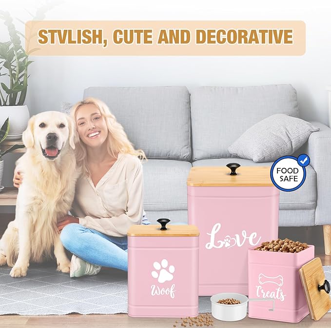 Metal Dog Treat Containers Set of 3 with Bamboo Lids and Spoon Airtight 7+3+2 lbs Dog Food Snack Jars with DIY Labels Big Pet Cookie Storage Jar for Kitchen Counter (Pink,Funny)