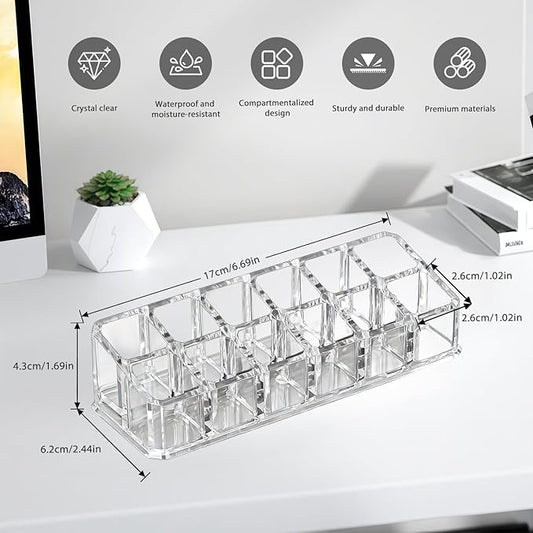 SYNTHORA 12 Slots Lipstick Holder, Clear Cosmetic Display Case for Lipsticks, Lip Gloss & Makeup Storage, Space-Saving Vanity Organizer (1 Pack)