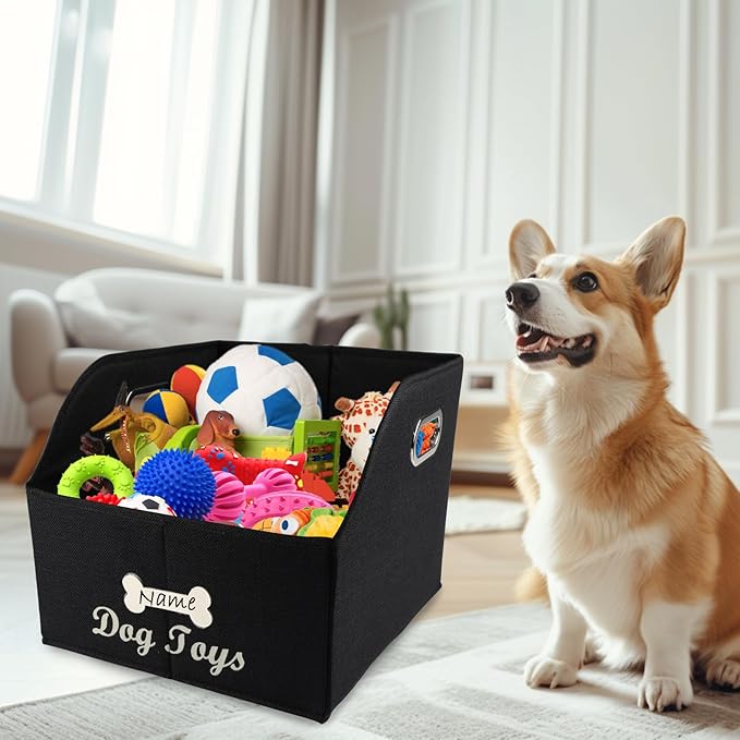 Geyecete Big Dog Toys Storage Bins Canvas Foldable Fabric Trapezoid with metal handles pet Baskets,Can be Personalized,Storage Bin Large toy box Organizer-Black