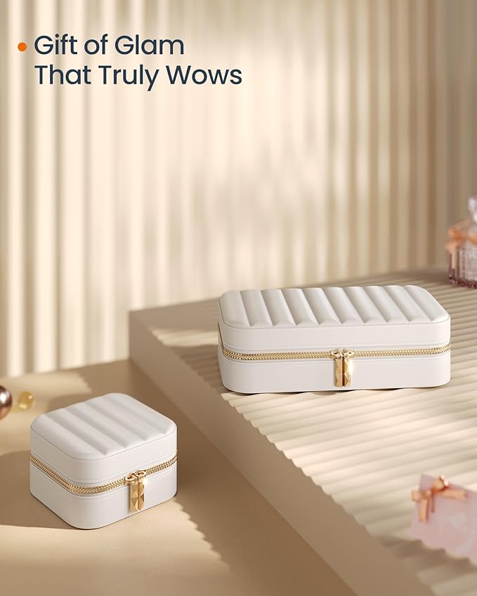 SONGMICS HOME Travel Jewelry Case, Small Jewelry Box Organizer with Mirror, 4.1 x 4.1 x 2.4 Inches, Stitching, Portable, Gift Idea, Cloud White UJBC179W01