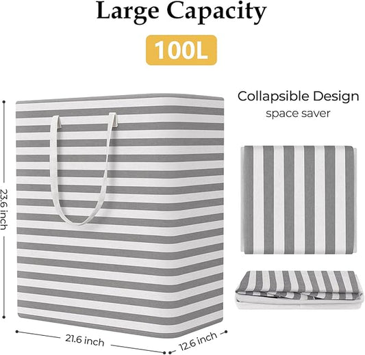 StorageRight Laundry Basket Hamper Large Collapsible Laundry Hamper with Easy Carry Handles,Freestanding Clothes Hampers for Laundry, Bedroom, Dorm, Clothes, Towels, 100L, Grey