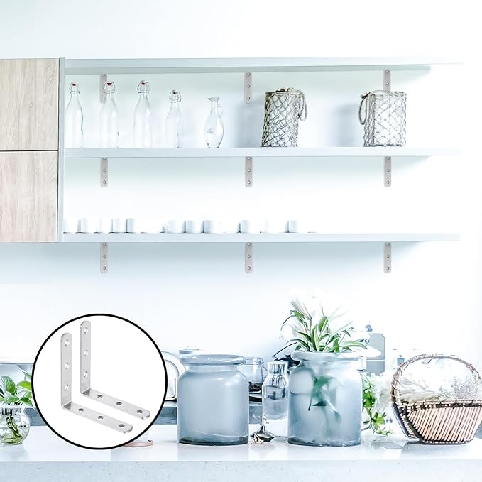 16PCS 4x4 Inch Stainless Steel L Bracket for Shelves, 90 Degree Joint Right Angle Bracket, Heavy Duty Corner Braces with Screws for Wood, Furniture, Brushed Nickel