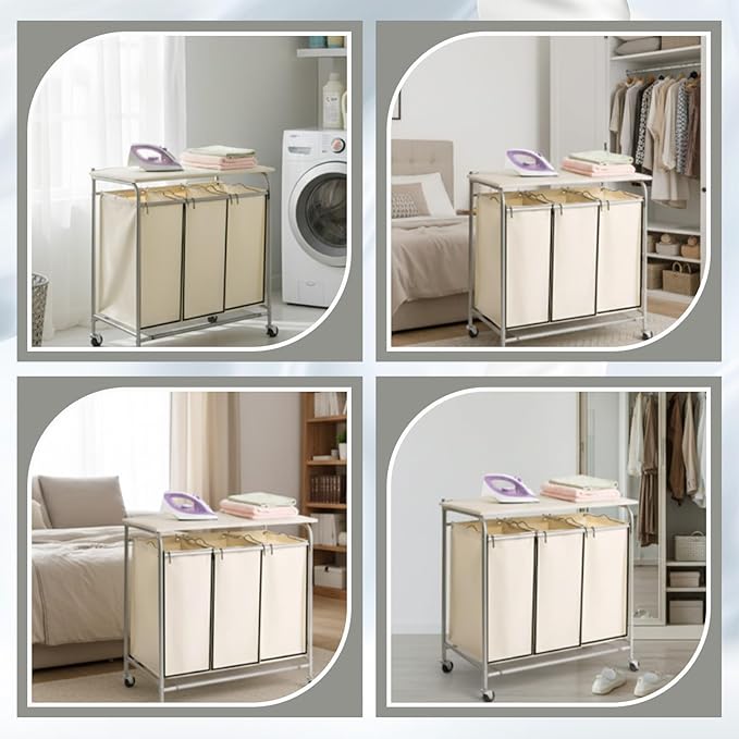 3 Pack Large Laundry Sorter Replacement Bags, Hamper Cart Removable Replacement, Laundry Storage Organizer-Replacement Bags, Beige, Square Shap