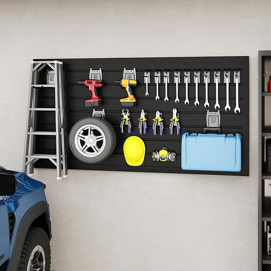 DoCred Slatwall Paneling Organizer, 4x2 FT PVC Garage Slat Wall Storage Systems, Heavy Duty Mounted Slat Peg Board for Tool Organization Ladder Bike Includes 20 PCS Hooks Accessories Kit (Black)