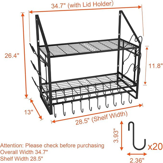 28 Inch Pot Rack Wall Mounted, 2 Tier Pots and Pans Organizer with 20 Hooks and 6 Pot Lid Holders, Heavy Duty Steel Pot and Pan Hanger for Kitchen Cookware Utensils Storage 34.7" Lx13 Wx26.4 H