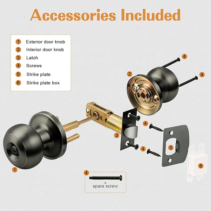 Probrico Satin Gunmetal Door Knobs for Bedroom Bathroom, Interior Door Knob with Round Ball, Grey Privacy Door Knob, 6 Pack