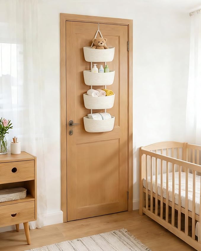Dahey Over The Door Hanging Basket 4-Tier Woven Boho Wall Mounted Storage Organizer with Hooks for Bedroom Nursery Bathroom Apartments Dorm Pantry Decor, White