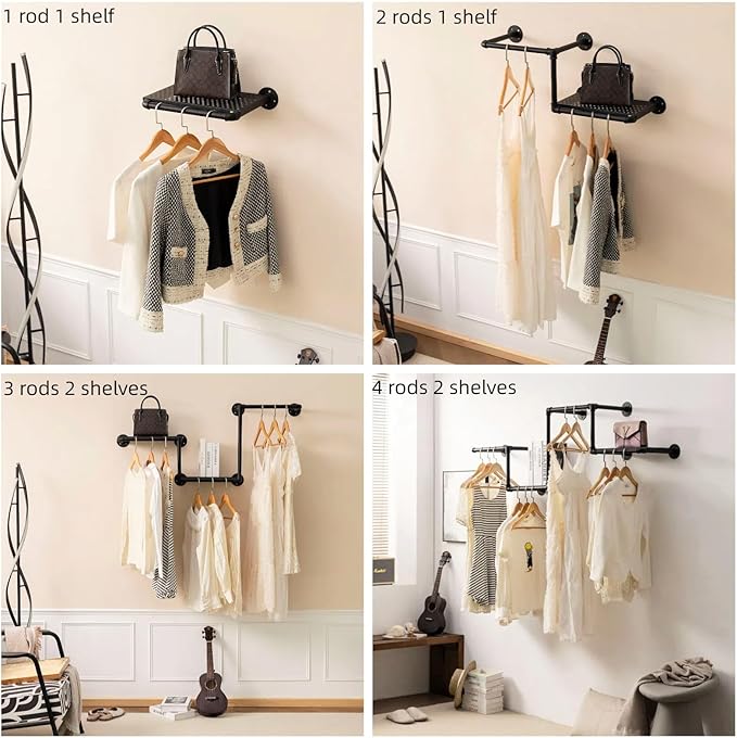 Industrial Pipe Clothing Rack with Floating Shelves, 2 Hanging Rods Wall Mounted Garment Rack, Heavy Duty Iron Clothes Bar, Space-Saving Clothing Hanging Rails for Closet (2 hanging rods 1 shelf)
