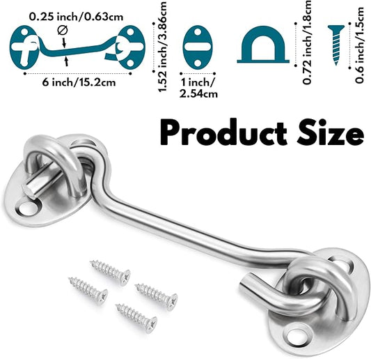 Rainspire (2 Pack) 6 Inch Privacy Hook and Eye Latch for Barn Door, Stainless Steel Gate Latch Barn Door Lock Cabin Hooks for Gate Shutters Window Slide Barn Shed Cabinet Bathroom, Silver