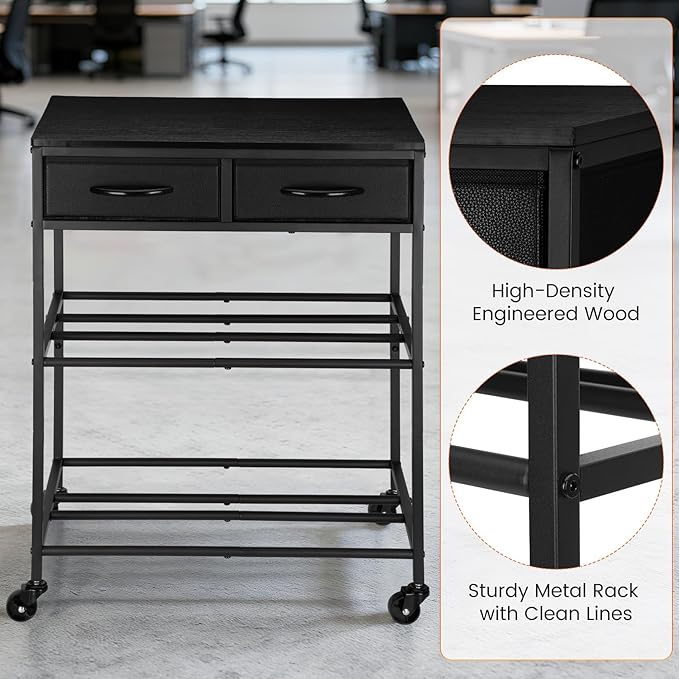 3D Printer Filament Storage Shelf with Drawers& Wheels, Black 2-Tier 3D Printer Filament Metal Stand with Storage, Adjustable Filaments Organzied Rack for Workshop Studio Office, 4 Leveling Feet
