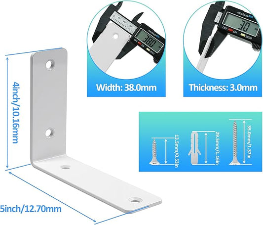 L Floating Shelf Brackets,4 Pack Heavy Duty L Brackets for Shelves, L 5" X H 4" White Metal Countertop Support Brackets,Wall Mounting for Wood
