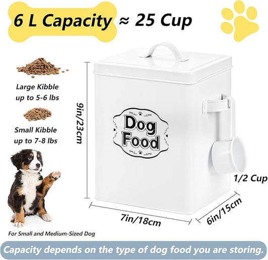 Youeon 5-7 Lbs(25 Cup) Metal Dog Food Storage Container with Lid and Scoop, Airtight Dog Treat Container, Farmhouse Pet Food Storage Container, Cute Dog Food Canister, Gift for Dogs and Owners, White