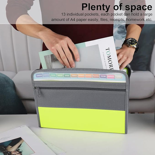 NAFY Expanding File Folders, 2Pack 13 Pockets Document Organizer with Zipper, A4 Letter Size Portable Accordion Expanding File Folders with Multicolor Labels for Office School Supplies (Black+Green)