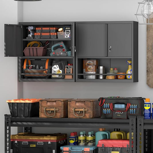 Garage Storage Cabinets,Metal Wall Cabinet with Doors and Shelves,Locking Storage Cabinet for Workshop,Warehouse,Home Office,Black