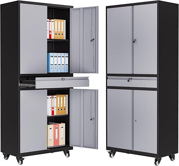 73" Metal Garage Storage Cabinet with Wheels, Rolling Tool Storage with Locking Doors, Adjustable Shelves and Drawer, Heavy Duty Steel Tool Cabinet for Garage, Warehouse, School(Black Grey)