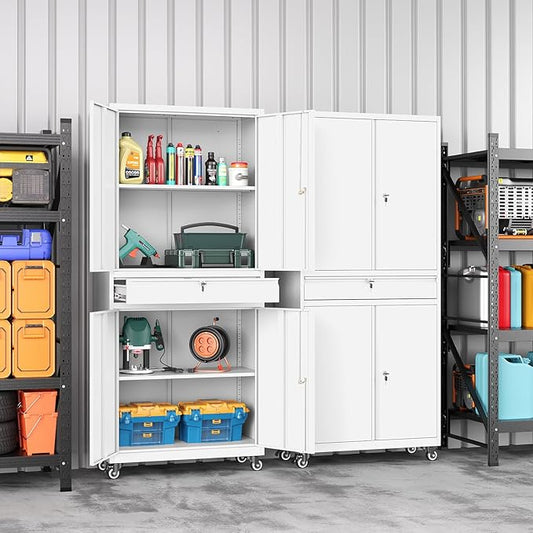 73" Metal Garage Storage Cabinet with Wheels, Rolling Tool Storage with Locking Doors, Adjustable Shelves and Drawer, Heavy Duty Steel Tool Cabinet for Garage, Warehouse, School(White)