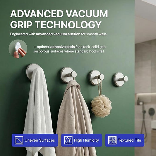 HOME SO Suction Cup Hooks for Shower & Bathroom Towel Holder 4-Pack – Suction Cups Hooks for Hanging Towels, Robes, & Coats - Tiles, Glass Door or Mirror – Shower Hooks & Towel Hooks Organizer -Nickel