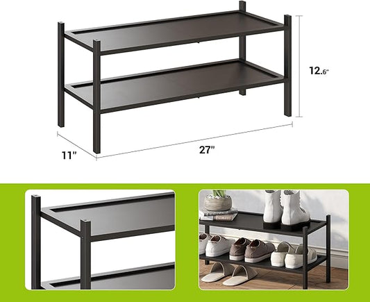 BMOSU 2-Tier Bamboo Shoe Rack Premium Stackable Shoe Shelf Storage Organizer for Hallway Closet Living Room Entryway Organizer(Black)