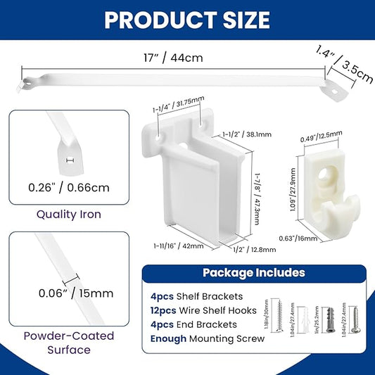 12 Inch Wire Shelf Support Brackets Kit, Includes 12 Wire Shelf Clips and 4 End Brackets, 24 Screws and 24 Expansion Tubes for Support Shelves, Closet, Wardrobe, Ledge Installation