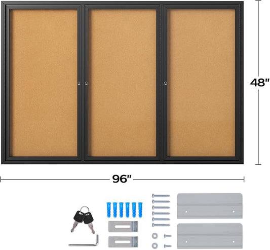 INNOVART Enclosed Bulletin Board 96”x48”, Lockable Cork Noticeboard with Black Aluminum Frame, Outdoor Enclosed Bulletin Board Weatherproof, Wall Display Case with Swing-Open Door Information Cabinet