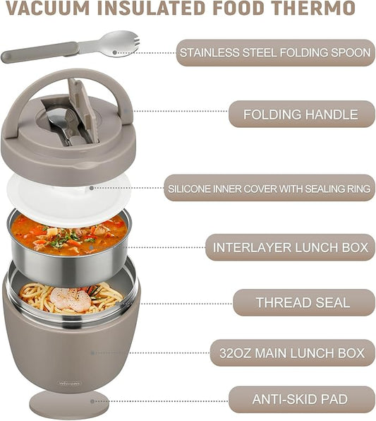 Thermo Food Jar for Hot Food Adults 32OZ Soup Thermo Lunch Containers Wide Mouth Vacuum Insulated Stainless Steel Leakproof Bento Box with Spoon (Khaki)