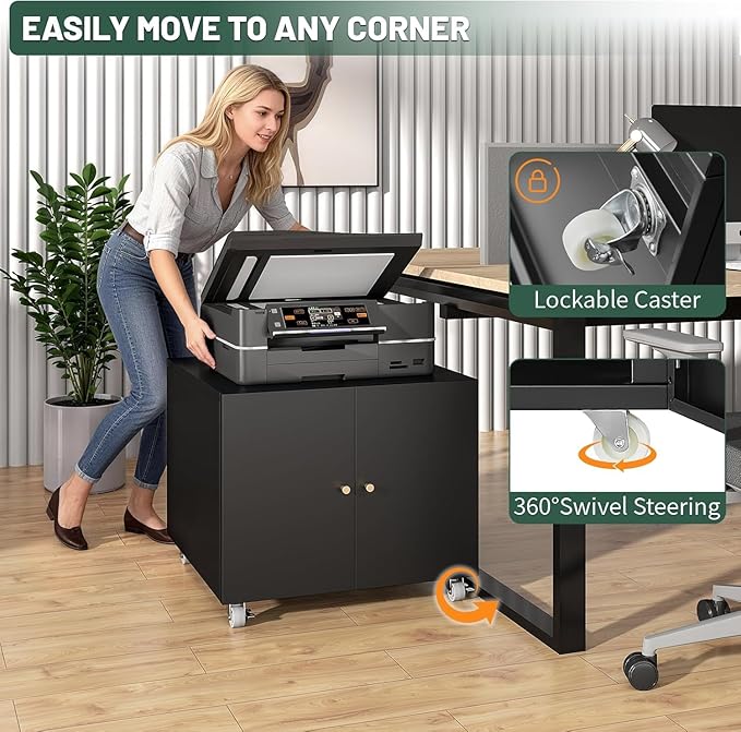 Printer Stand with Storage Cabinet with Wheels,3D Heavy Duty Metal Large Printer Table with Adjustable Shelf for Home Office, Mobile Printer Cart,Black,17.7" H