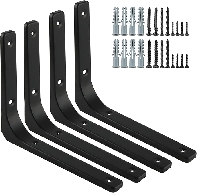 SAYAYO 4 PCS Metal Wall Shelf Bracket, 10 x 8 Inch Heavy Duty Shelf Support Bracket Decorative Joint Angle Bracket, Matte Black