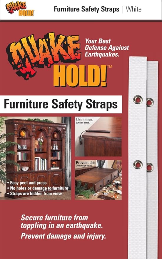 Quakehold! Furniture Strap Kit, Earthquake Fasteners for Disaster Preparedness, Child Proof Safety Straps for RV, Home Office, Helps Prevent Damage and Injury, Easy to Install, White
