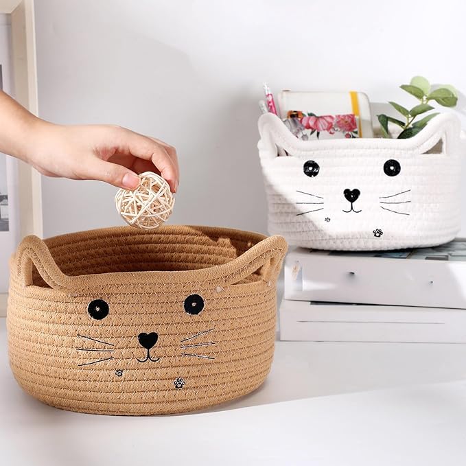 Zopeal Cat Basket Storage Woven Organizer with Ears Easter Decorative Gift Pet Toy Cute Cotton Rope Basket for Gift Cat Dog Toy Bin Nursery Room(8.3 x 4.7 Inch,Khaki)