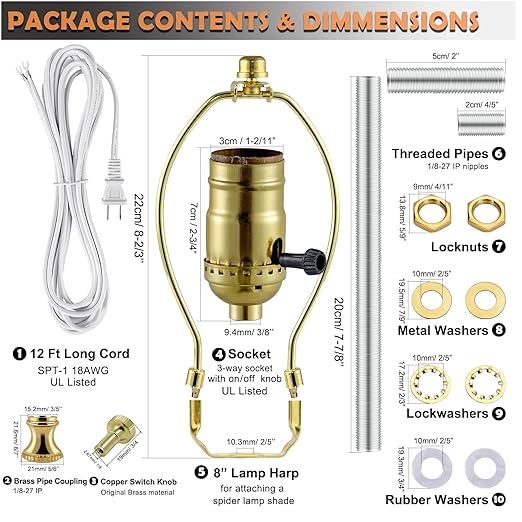Lamp Making Kit,Make a Lamp or Repair Kit,3-Way Lamp Socket with Matching Cord Lamp Harp Set,Lamp Wiring Kit for Table Floor Lamp,Essential Hardware for DIY Lamp Design or Repair (Gold, 1)
