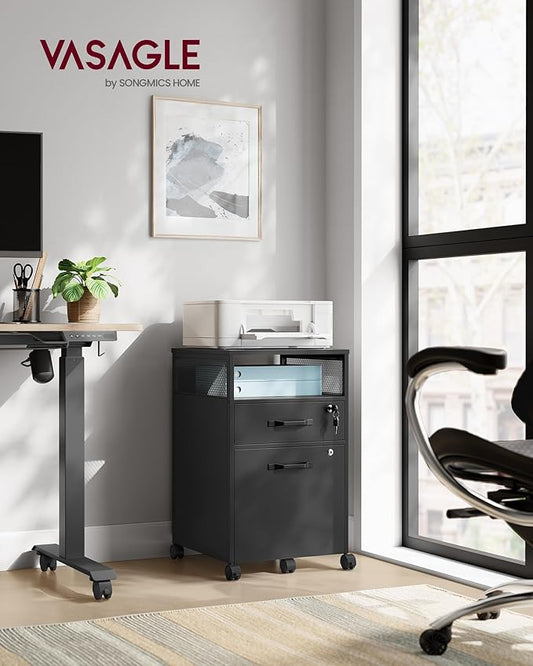 VASAGLE File Cabinet, Mobile Filing Cabinet with Wheels, 2 Lockable Drawers, Open Shelf, for A4, Letter Size, Hanging File Folders, Ink Black UOFC077B16