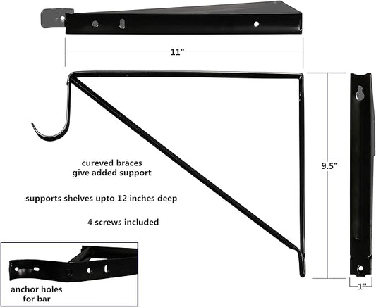Premium Heavy Duty Closet Shelf and Rod Bracket, Black, 3-Pack