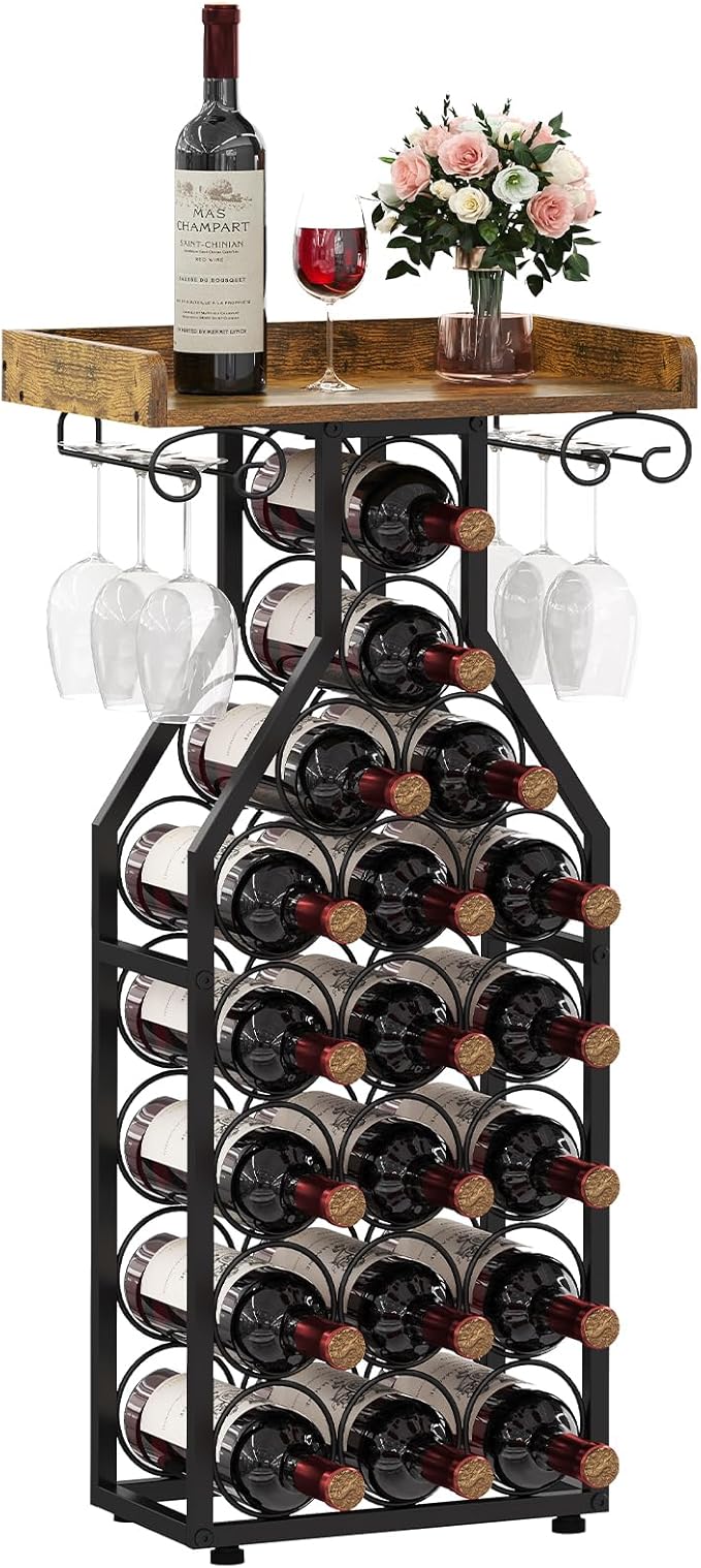X-cosrack Wine Rack Freestanding Floor, Wine Storage Rack Mini Bar Table with Tabletop, Glass Holder Wine Bottle Display Stand Liquor Cabinet for Home Bar Kitchen Living Room
