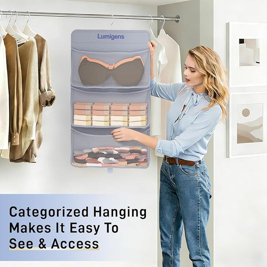 Sock & Underwear Storage Organizer, Hanging Closet Organizer with Pockets, Bra Organizer for Closet Storage with 360° Rotating Hook, Space Saving Hanging Storage for Closet, Bedroom, RV