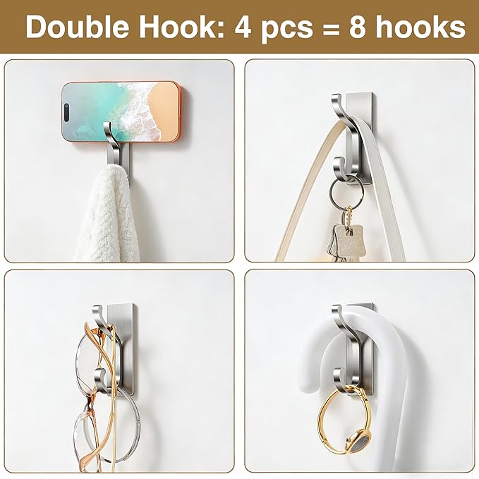 pickpiff Wall Hooks with Adhesive Strip- Easy to Remove, No Residue, Strong Heavy Duty Sticky Towel Hook, 4 Pack Silver