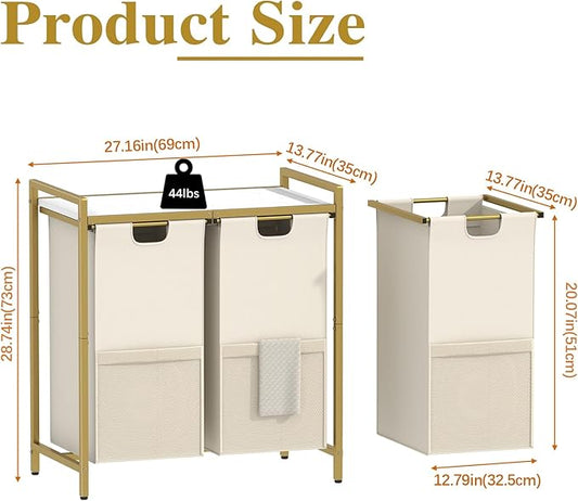 Laundry Hamper, double Laundry Basket, Laundry Sorter with Top Shelf & 2 Removable Washable Bags & Side Pockets for Laundry Room organization, Bathroom and Dorm, Gold and White