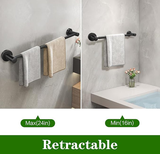 5pcs Matte Black Bathroom Hardware Set, Including 1pcs 24in Retractable Hand Single Towel Bar with 1pcs Toilet Paper Holders, 1pcs Towel Rings 2pcs Multifunctional Robe Hooks