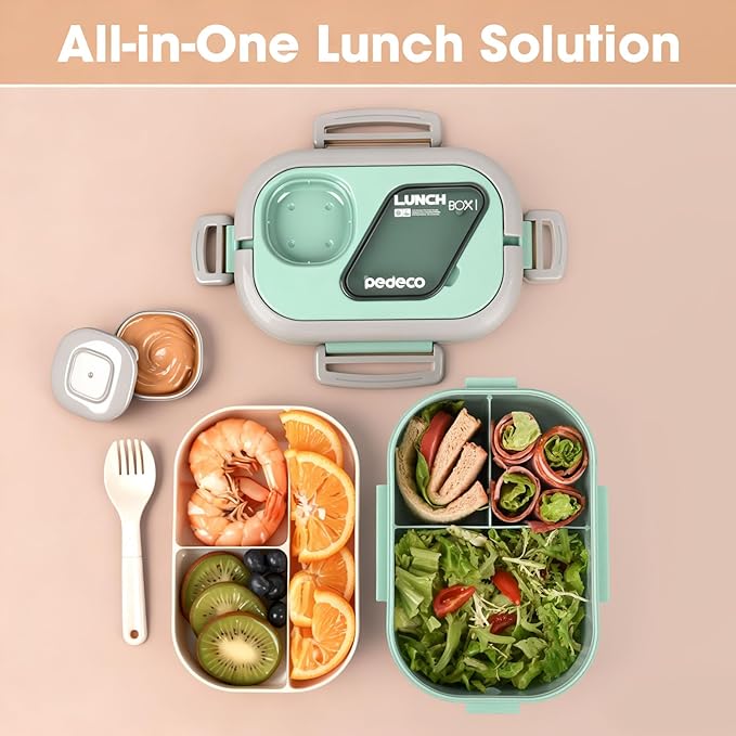 Bento Box Set with Lunch Bag, Lunch Containers for Women&Men&Kids. Leakproof 3-Compartment and 2-Tier Stackable Container with Portable Sauce Pod, Microwave/Dishwasher Safe, BPA-Free (Green)
