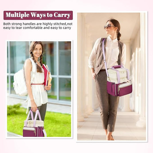 Insulated Lunch Bag & Lunch Box for Women - Double Deck Reusable Lunch Bag for men Tote Cooler Bag Leakproof Soft Expandable - Large Lunchbox for Work/Adult/Picnic/Outdoor (Light Purple,15L)